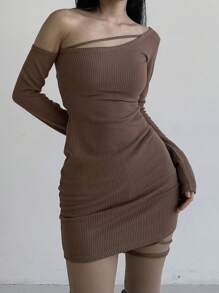 DAZY Women Solid Color Asymmetrical Collar Long Sleeve Rib Mini Dress,Fall Dress - Brown - View 6