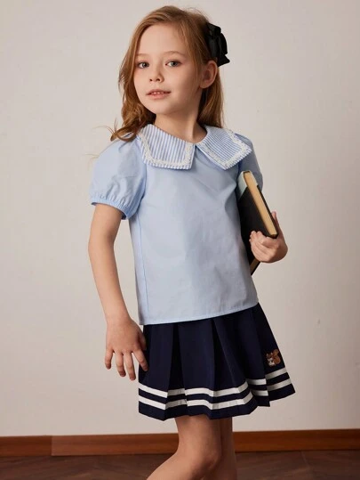 PrepCrw 少女夏季海军蓝条纹针织修身高领 T 恤