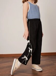 PrepCrw 年轻女孩灰色编织松紧腰宽松裤，优雅法式大学风，春夏 - 黑色 - 查看 5