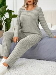 EMERY ROSE Set de 2 piezas con pantalones y top de manga larga acanalado de terciopelo casual con relleno incorporado en el pecho