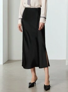 EastFlair Falda midi recta y casual con abertura, minimalista y de moda para el día a día para mujer