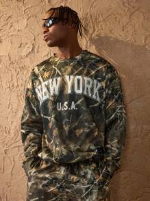 Forever 21 Herren lässiger minimalistischer Sweatshirt mit New York Buchstaben- und Baumzweig Tarnmuster, weiter Ausschnitt - Verschiedenfarbig - Übersicht 4
