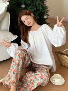 DAZY 纯色灯笼袖上衣和全身花卉印花长裤睡衣套装