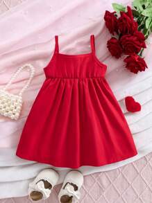 SHEIN 女婴时尚优雅可爱休闲纯红色无袖连衣裙，舒适编织面料及膝 3D 蝴蝶装饰，春夏新品，适合生日派对、日常穿着、户外、度假 - 酒紅色 - 查看 2