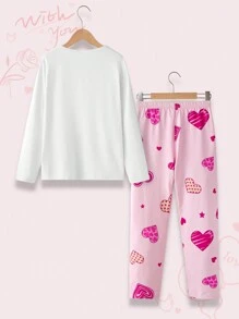 Conjunto de pijama de manga larga con estampado de corazones para niña preadolescente - Rosa - Ver 2