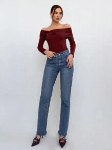 Aloruh Damen sexy und elegantes O-Ring Off-Shoulder Langarm Lässig figurbetontes burgunderrotes T-Shirt, Damen Burgunder Top, Damen sexy Top, Damen Winter Top in Burgunder - Weiss - Übersicht 6