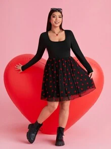 SHEIN EZwear فستان بطبقات قلب الشبك مقاس كبير، فستان رومانسي لعيد الحب من قطعتين بتصميم باتشوورك - متعدد الألوان - مشاهدة 5