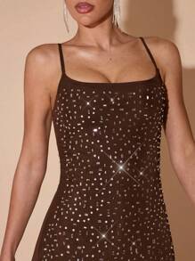 SHEIN BAE Solid Color Nude Dress With Elegant Rhinestone Mesh Decor, Spaghetti Strap A-Line Mini Dress For Party, Prom, Clubbing, Summer - Coffee Brown - View 7