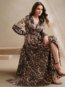 Anewsta Robe longue manches longues élégante pour femmes au printemps, taille cintrée, coupe slim, imprimé léopard et dentelle - Tabac - Voir 1
