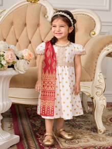 SHEIN 2 Stücke/Set Baby Mädchen Kleinkind 0-3 Jahre elegantes traditionelles Kleid mit goldfarbenen Punkten und Blumenspitzenkragen, Puffärmel + kontrastfarbener Schal Set, geeignet für alle Jahreszeiten