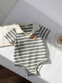 SHEIN 新生男宝宝可爱针织条纹短袖连体衣套装，夏季