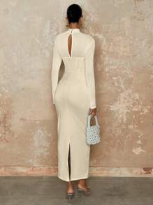 SHEIN BAE Elegant Women Strapless/Long Sleeve/White/Long Style Scalloped Hem Dress, Autumn Clothing,Valentine's Day,Valentine Outfits For Women - Apricot - View 2