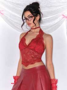 ROMWE Kawaii 女士休闲蕾丝挂脖露背背心 - 酒紅色 - 查看 3
