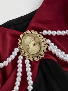 SHEIN MOD 珍珠缀饰前纽扣带黑色复古紧身胸衣冬季背心，外出背心，女士沙滩装，女士装，女士派对装，新年夜装 - 黑色 - 查看 4