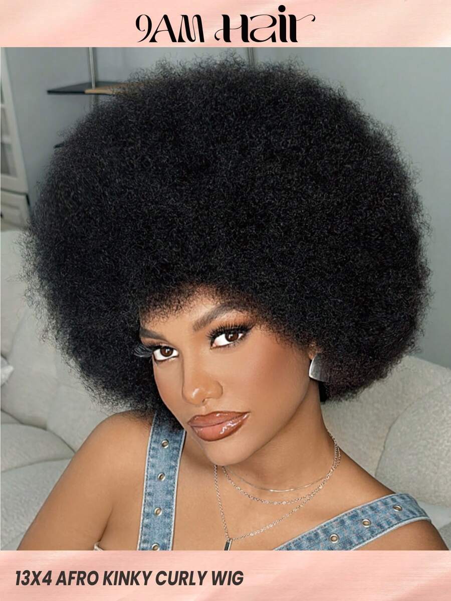Encaje transparente Afro Kinky Curly 13 X 4 Cierre de encaje Peluca de cabello humano corto # 1B Cabello Remy prearrancado para mujeres - Natural Black - Ver 1