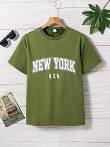 SHEIN 青少年男孩圣诞人物卡通印花短袖 T 恤 - 軍綠色 - 查看 1