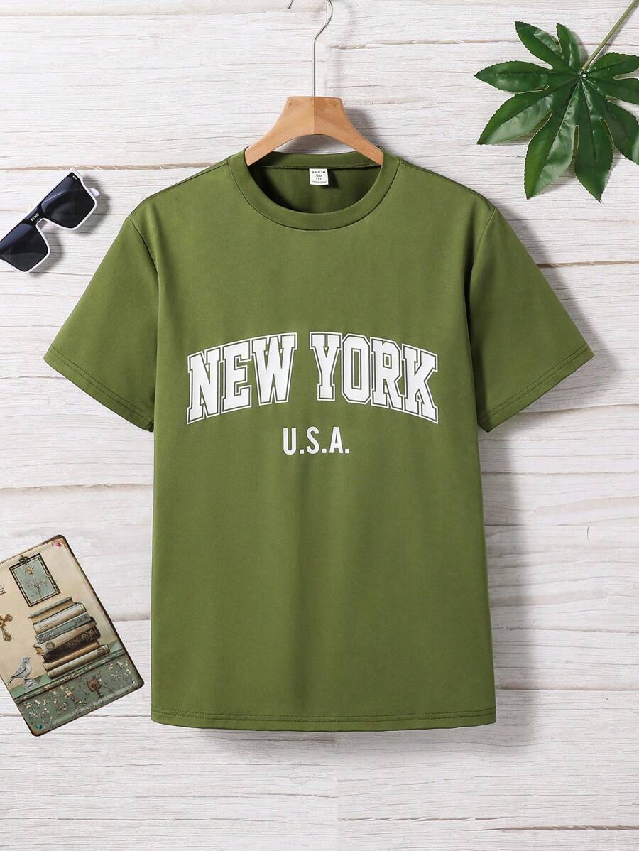 SHEIN 青少年男孩圣诞人物卡通印花短袖 T 恤 - 軍綠色 - 查看 1