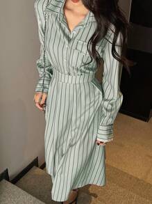 DAZY 女士条纹衬衫式中长连衣裙，后收腰，休闲女装，秋季长袖连衣裙