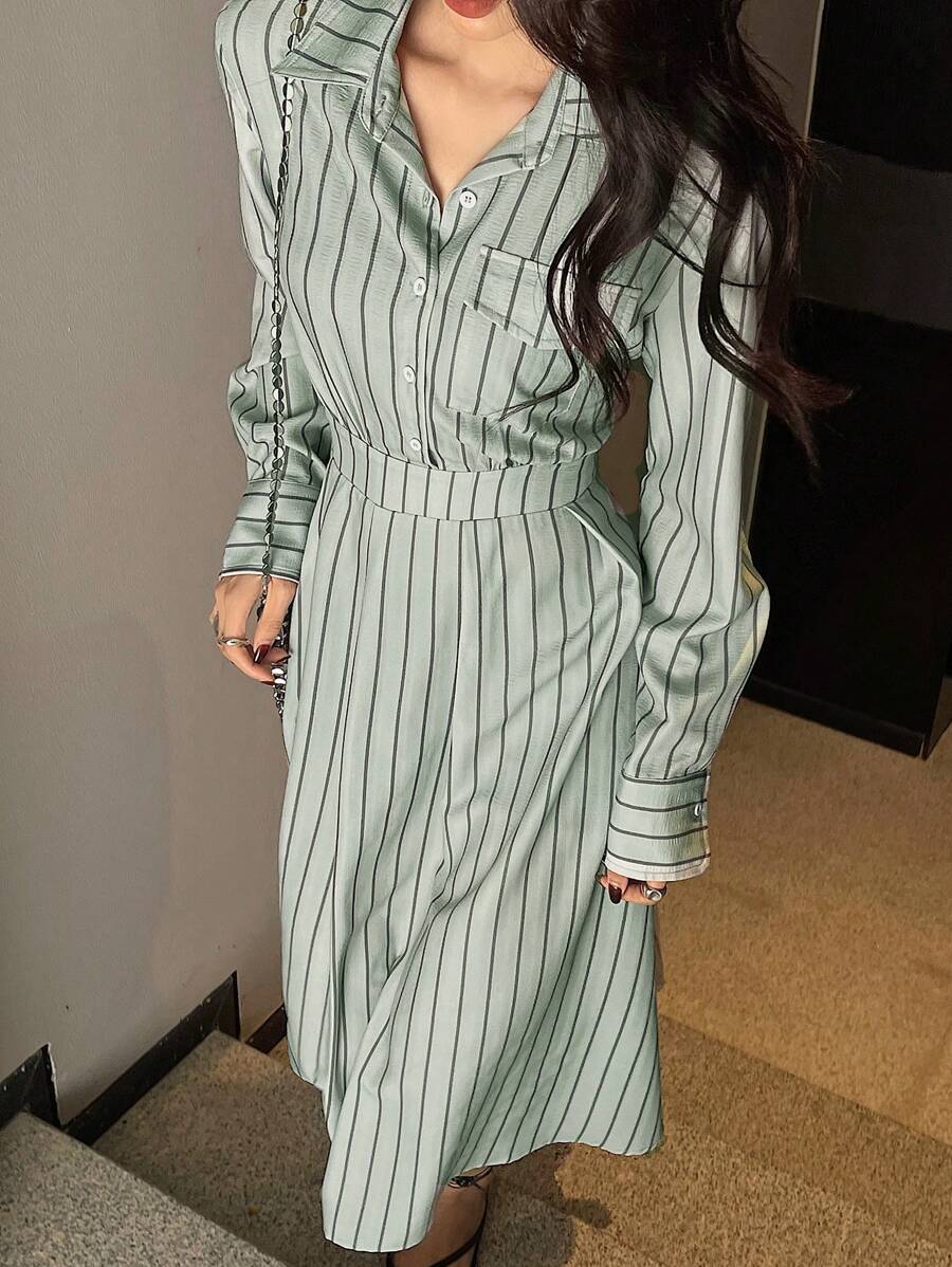 DAZY 女士条纹衬衫式中长连衣裙，后收腰，休闲女装，秋季长袖连衣裙