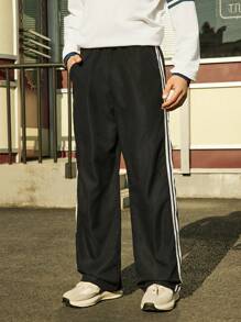 SHEIN Teen Boys' Casual Striped Patchwork Drawstring Straight Leg Pants, Fashion For Daily Wear, Spring/Autumn - Black - View 6