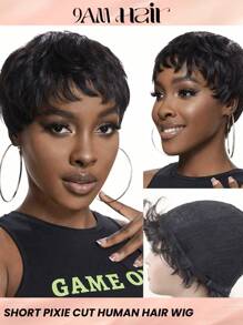 Short Pixie Cut Wig Natural Black Color Wave Bob Human Hair Wig With Bangs