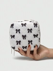 Marina Oliveira Bolsa de almacenamiento femenina de gran capacidad para toallas sanitarias, con estampado de lazo en blanco y negro, bolsa de viaje portátil para mujeres/niñas con monedero, excelente idea de regalo para la decoración del hogar en otoño, multifuncional como organizador de viaje, estuche de maquillaje, bolsa de vacaciones, caja de almacenamiento de cosméticos de gran capacidad para lápices labiales, brochas, productos de cuidado de la piel, teléfono, monedas, artículos pequeños