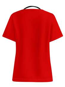 PopScrub Women V-Neck Short Sleeve Double Pocket Nurse Scrub Uniform Top, Happy New Year, Chinese New Year, Auspicious Festival Red Color