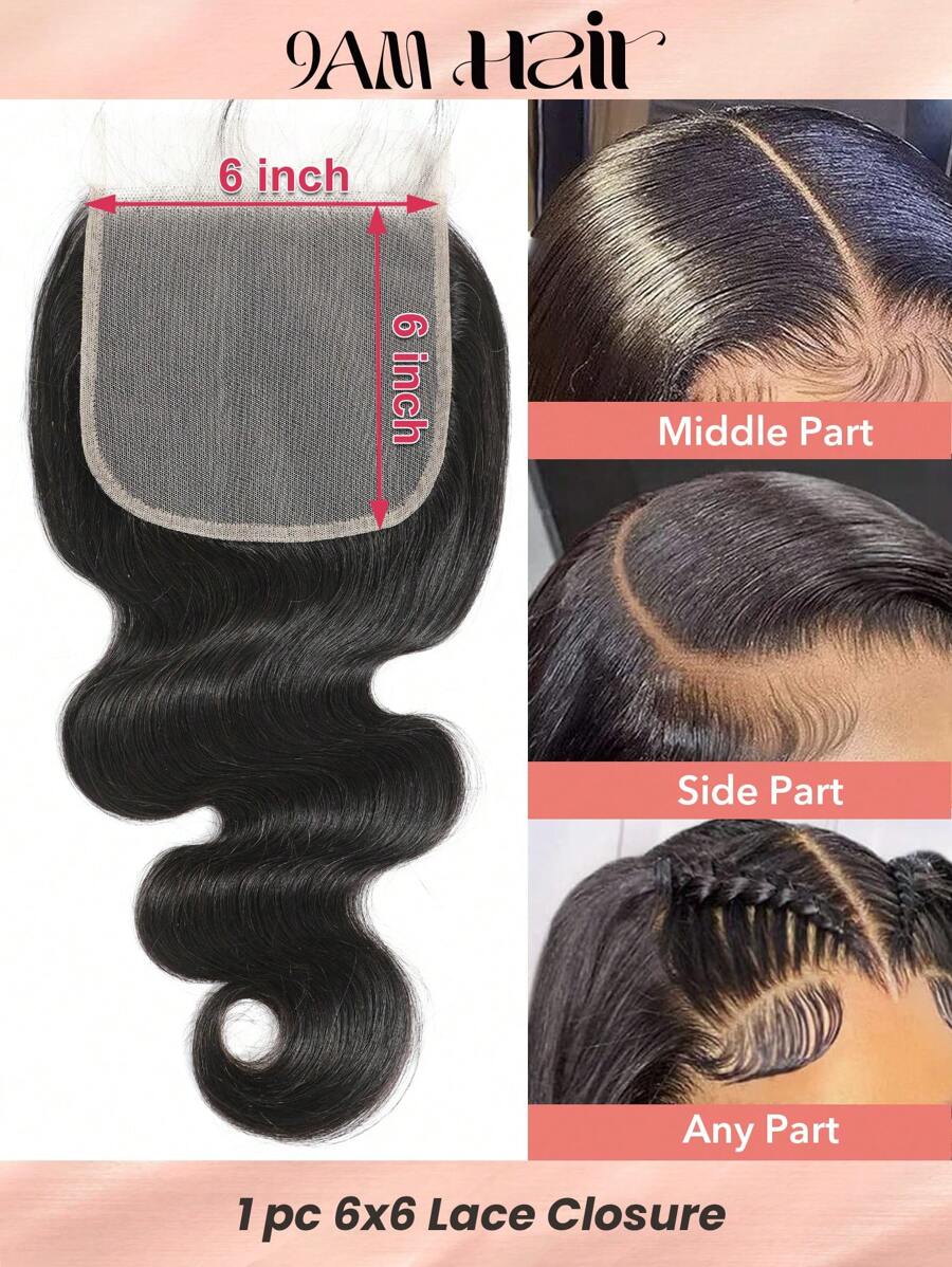 Cierre transparente de encaje Body ondulado de 6x6 con parte libre, 100% cabello humano virgen sin procesar, pre-desplumado con cabello de bebé, línea de cabello natural, negro natural - Natural Black - Ver 1