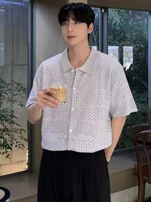 DAZY Summer Pattern Hollow Design Cardigan Men's Short Sleeve Knit Top - Khaki - View 3