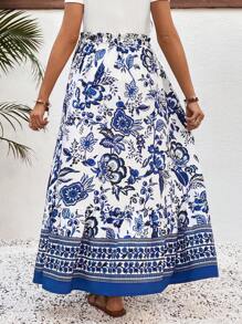 SHEIN Maternity Floral Print Adjustable Waist Long Skirt, Suitable For Vacation - Blue and White - View 2