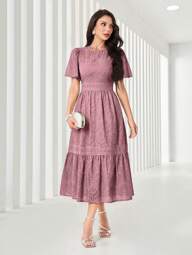 Mulvari Women's Solid Color Round Neck Ruffle Sleeve Embroidered Ruffle Hem Midi Dress