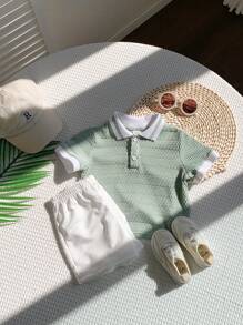 Set da 2 pezzi per neonati maschio/femmina, top a maniche corte con colletto polo a contrasto di colore e pantaloncini con vita elastica di colore unito