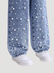 SHEIN 年轻女孩仿珍珠装饰直筒牛仔裤 - 中等水洗藍 - 查看 5