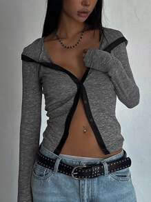 DAZY Street Style Color Block Hooded Slim Fit Women T-Shirt