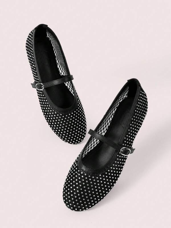 CUCCOO DOLLMOD Women's Round Toe Flats With Rhinestone Decor, Black Mesh Fabric, Fashion Comfort Daily And Party Strap Flat Shoes Spring Shoes Spring Break Easter