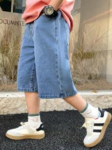 SHEIN Tween Boy Fashion Old Money Casual Cotton Elastic Waist Pocketed Casual Denim Wide Leg Boy Shorts For Boy Soft Dailywear And Kids Summer Clothes
