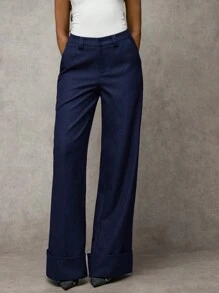 SHEIN BAE Damen graue einfarbige Twill-Gewebe Knopftasche einfache Lange Hose mit niedriger Taille, geeignet für lässige Pendlerwege, modische Streetwear, Vintage-Stil, Bürokleidung