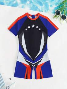 SHEIN Tween Boy 5-Star Printed Short Sleeve Rash Guard And Swimming Shorts Set - Blue - View 1