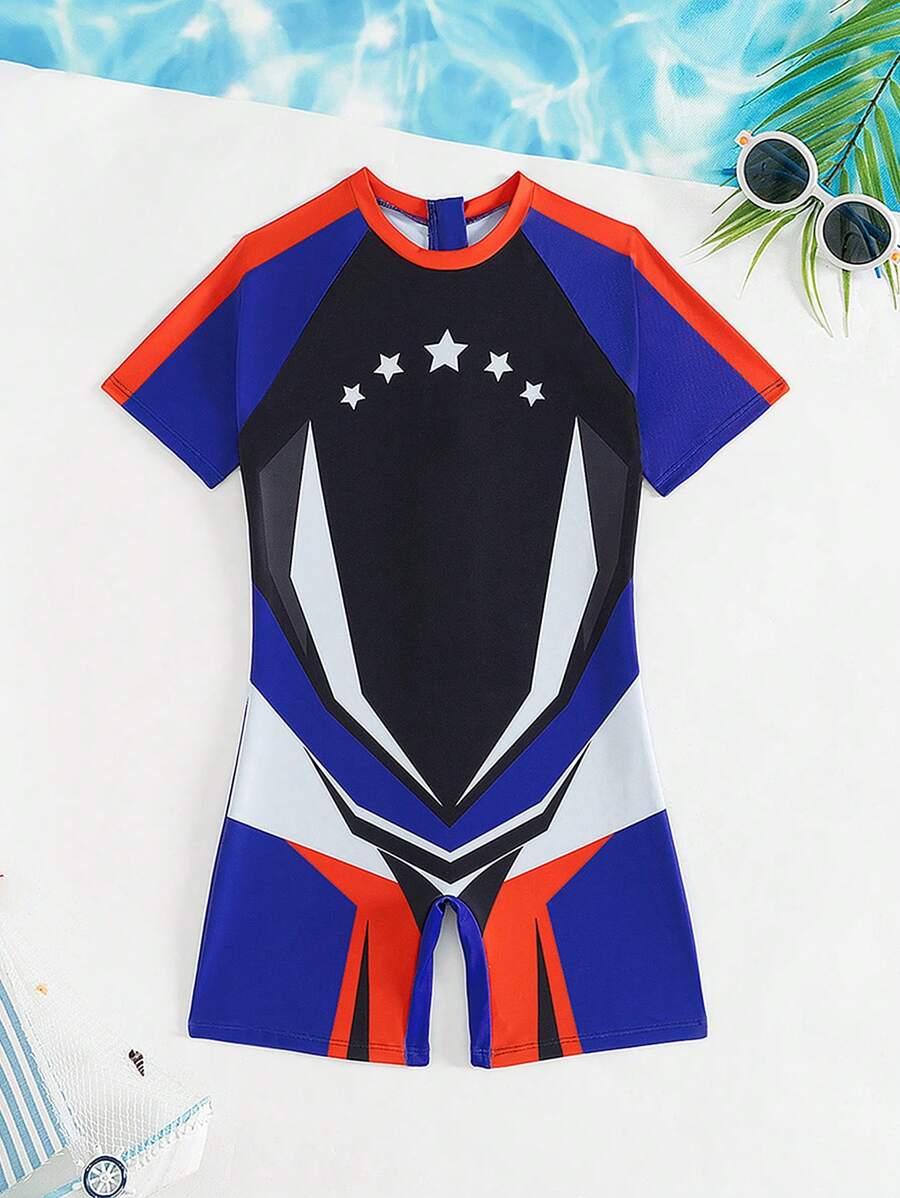 SHEIN Tween Boy 5-Star Printed Short Sleeve Rash Guard And Swimming Shorts Set - Blue - View 1