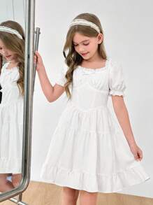 SHEIN Leap Crew Vestido de línea A con volantes en el bajo, manga corta con volantes y lazo delantero, color blanco sólido, elegante, para niña preadolescente, atuendo de princesa, para uso diario, para vacaciones - Blanco - Ver 4