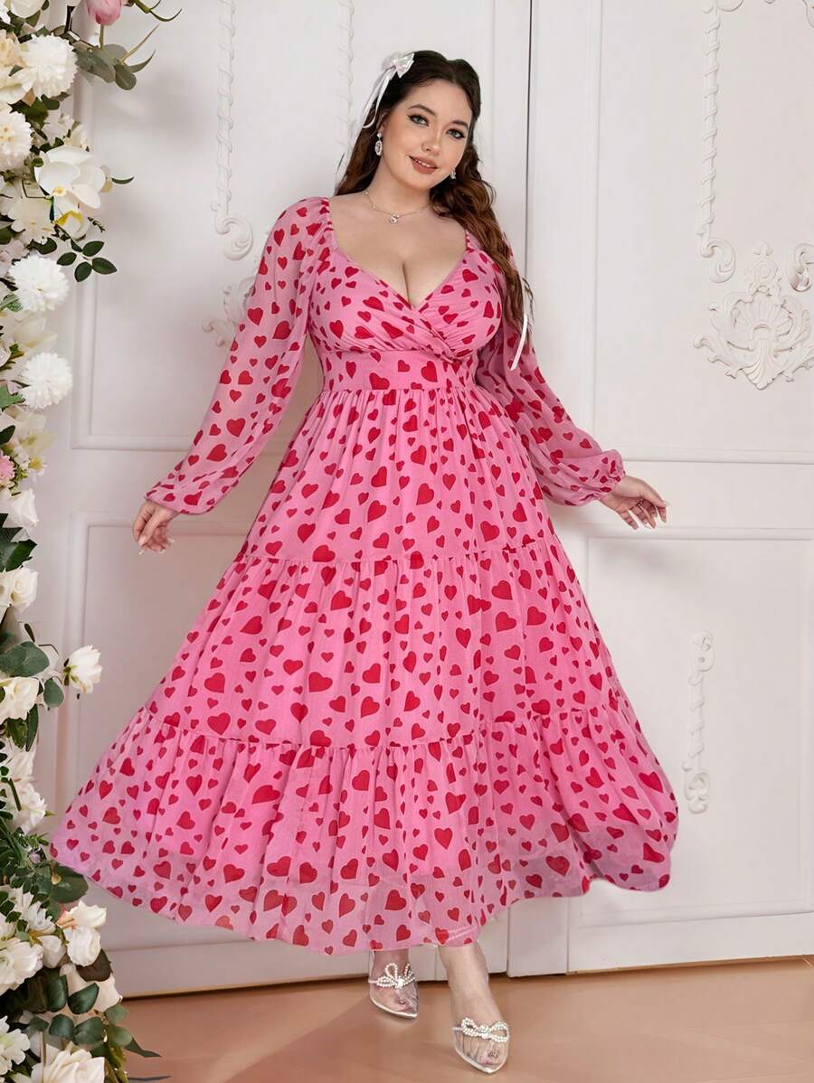 Flirla 大码雪纺刺绣花卉印花连衣裙，带有情人节、玫瑰、心形、波尔卡圆点、爱心、嘴唇、丘比特、88D 花朵图案 - 粉色 - 查看 1
