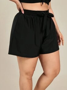 SHEIN Swim Curve Plus Size Elastic Waist Bowknot Drawstring Beach Pants, Suitable For Various Summer Beach Occasions - Black - View 4