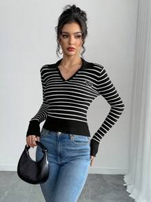 Chiquease Stylish Color-Block Striped Knitted Long Sleeve Sweater Top, Heart Embroidery Ribbed Waist Design, Versatile For Women