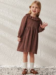 Blossori Robe à col volant ample et élégant à carreaux tissée, pour jeune fille. Automne & Hiver - Tabac - Voir 6