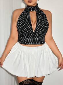 SHEIN ICON Plus Size Polka Dot Halter Neck Backless Top - Black and White - View 1