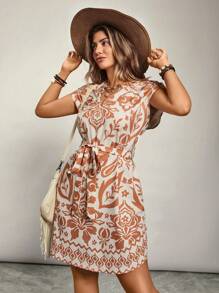 Freevana 大码女式波西米亚风 V 领花卉印花束带连衣裙，适合夏季 - 彩色 - 查看 5