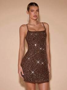 SHEIN BAE Solid Color Nude Dress With Elegant Rhinestone Mesh Decor, Spaghetti Strap A-Line Mini Dress For Party, Prom, Clubbing, Summer - Coffee Brown - View 3