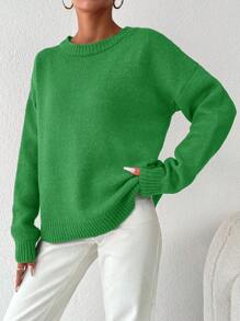 EURMUSE Women's Solid Color Drop Shoulder Sweater - Green - View 3