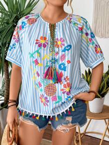 Breezaya Plus Size Boho Colorful Holiday-Style Faux Embroidery Blue & White Striped Patchwork Tassel Cute Girl Short Sleeve Blouse, For Summer