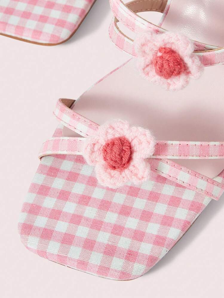 CUCCOO DOLLMOD Red & White Plaid Fabric + Flower Decor Women's Square Toe Cute Stylish Strap High Heel Sandals